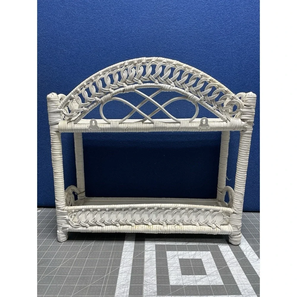 VTG White ~Wicker Rattan Shelf~ Boho 2 Tiered Standing/Wall Hanging Cottagecore